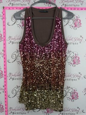 Suzy Shier tank top sequins sparkly ombré shirt Pink to Gold Sequin Ombre Tank